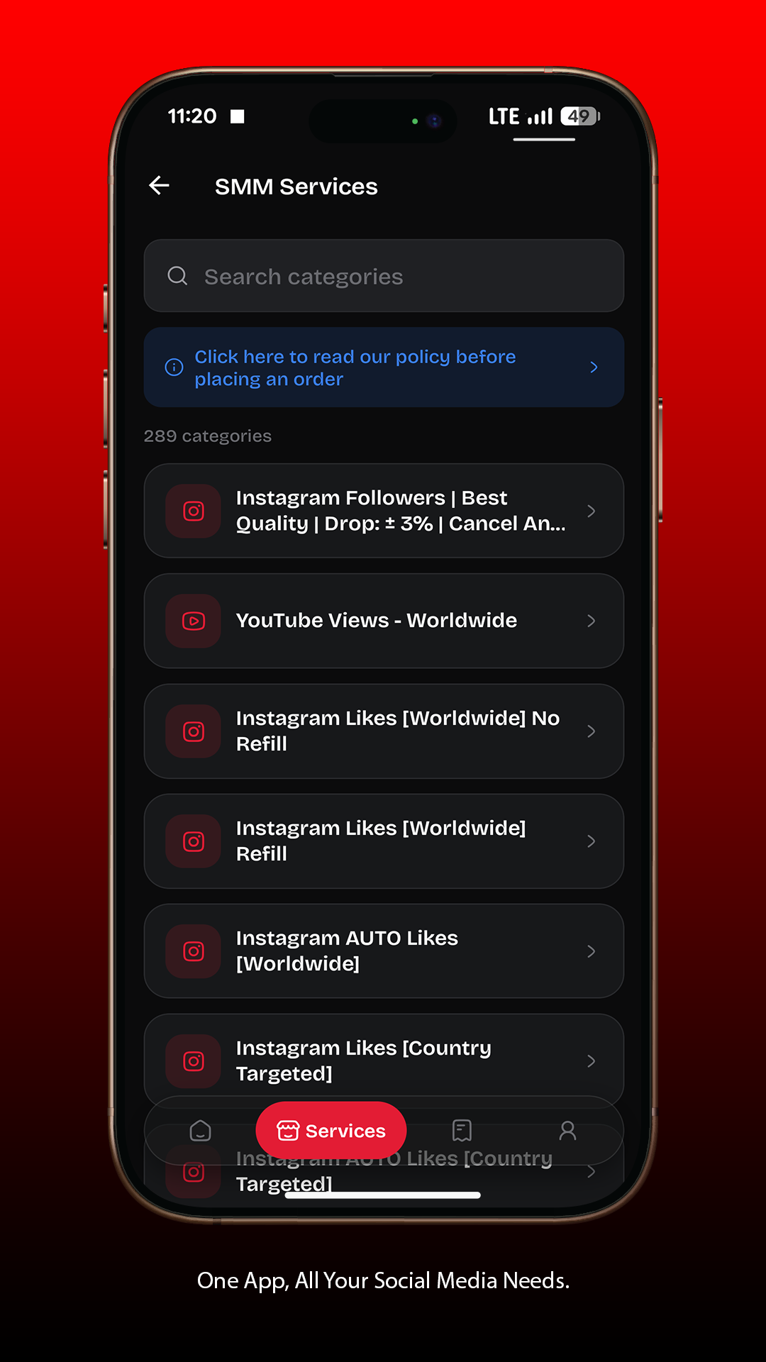 THEARVE SMM Services list screen